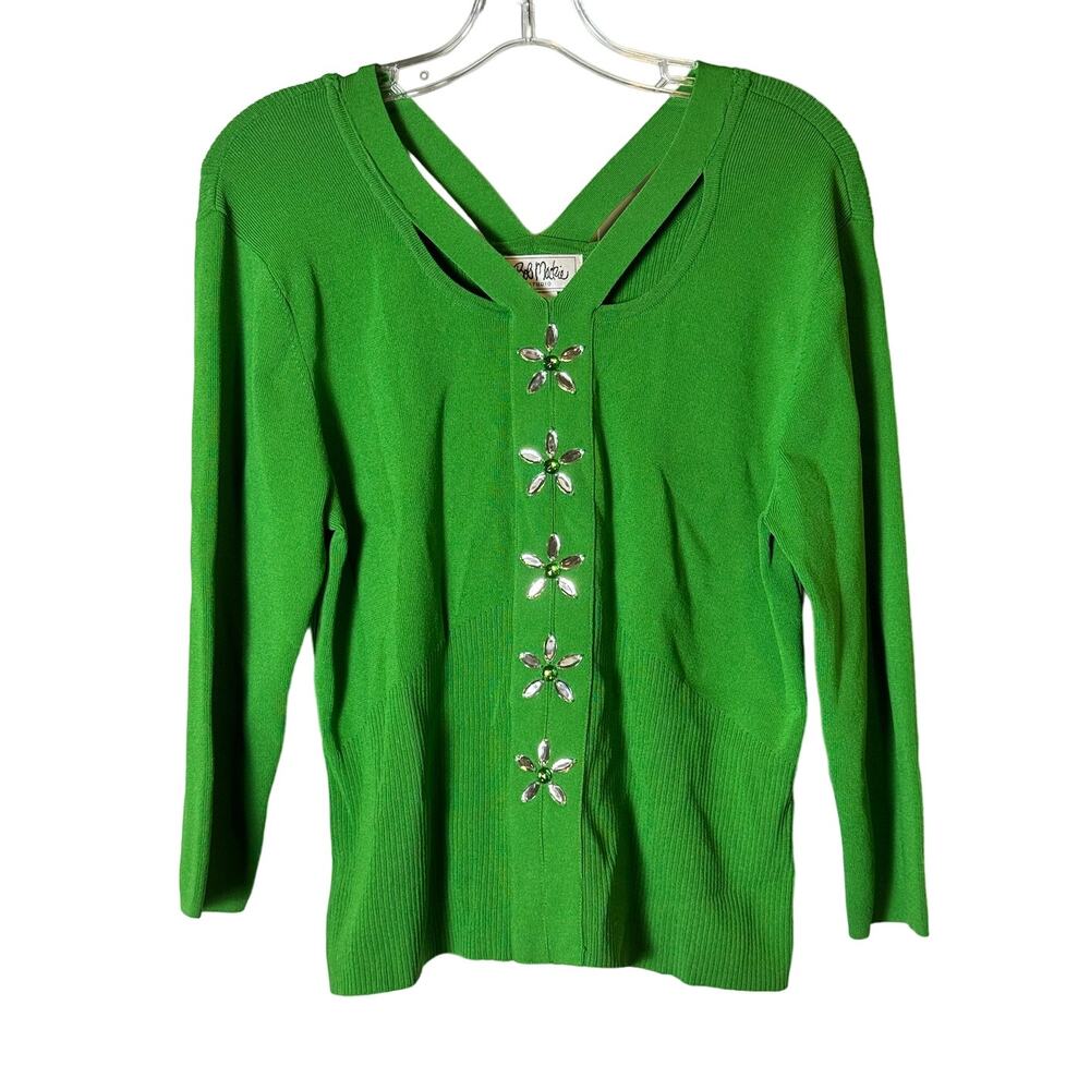 Vintage Bob Mackie Studio Green Knit Sweater 80s 90s Gemstones Golden Girls Brat